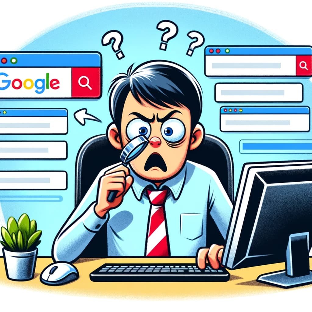 DALL·E 2023 12 15 11.39.02 A cartoonish image of a client looking confused while searching for something on Google representing the importance of SEO. The client should be depi