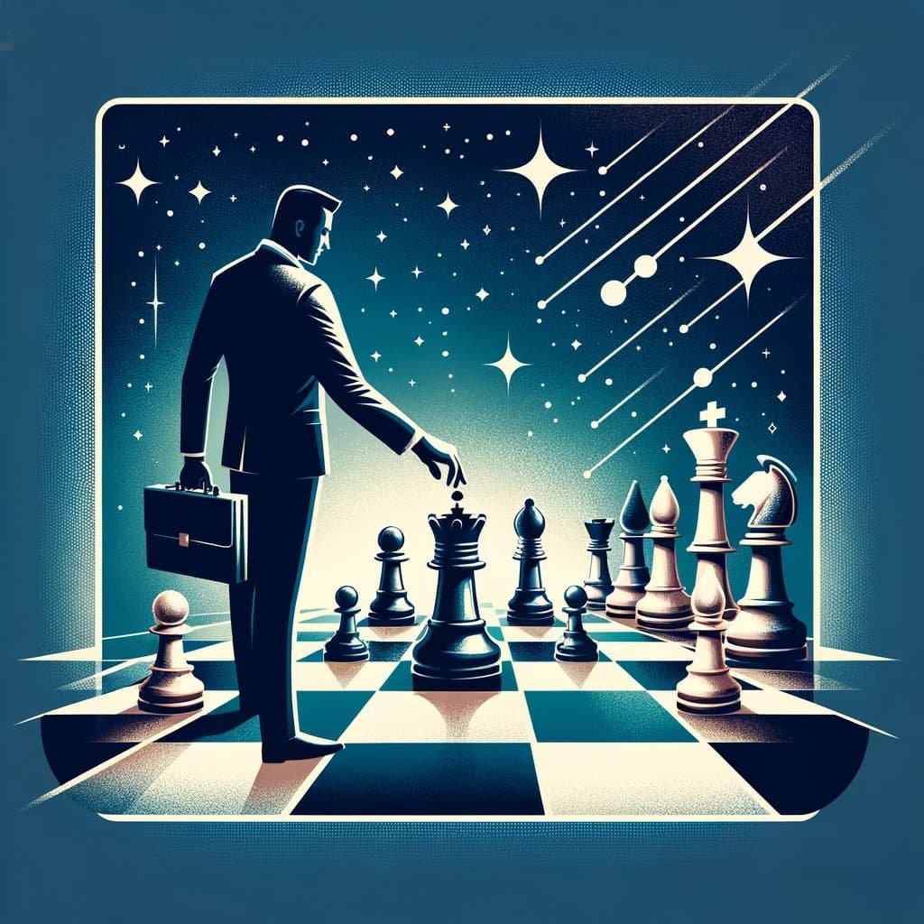 DALL·E 2023 12 18 09.08.04 A square image for a competitor analysis page showing a metaphorical depiction of a business chess game where a business person strategically moves