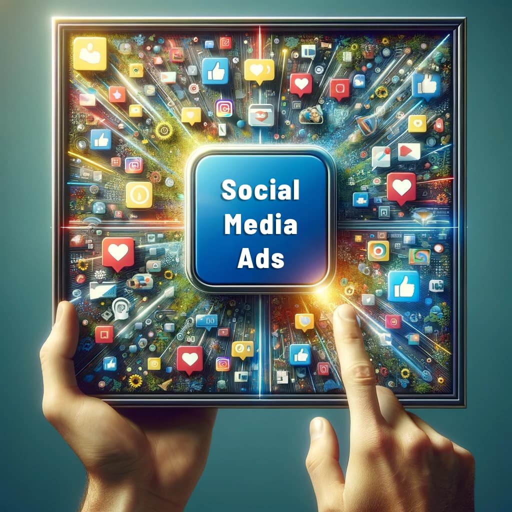 DALL·E 2023 12 18 11.02.59 A square image focusing on Social Media ads for an Online Ads page. The image should creatively display elements of social media advertising such as