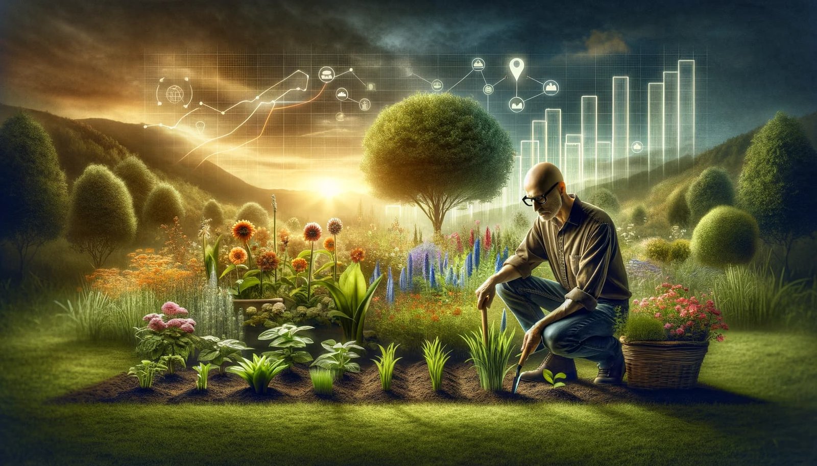 Man cultivating garden with data in background | Bald Man Marketing