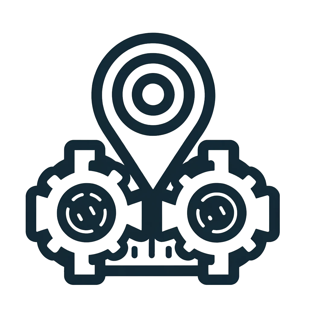 Icon of SEO gears intertwined with a Google map pin. | Bald Man Marketing